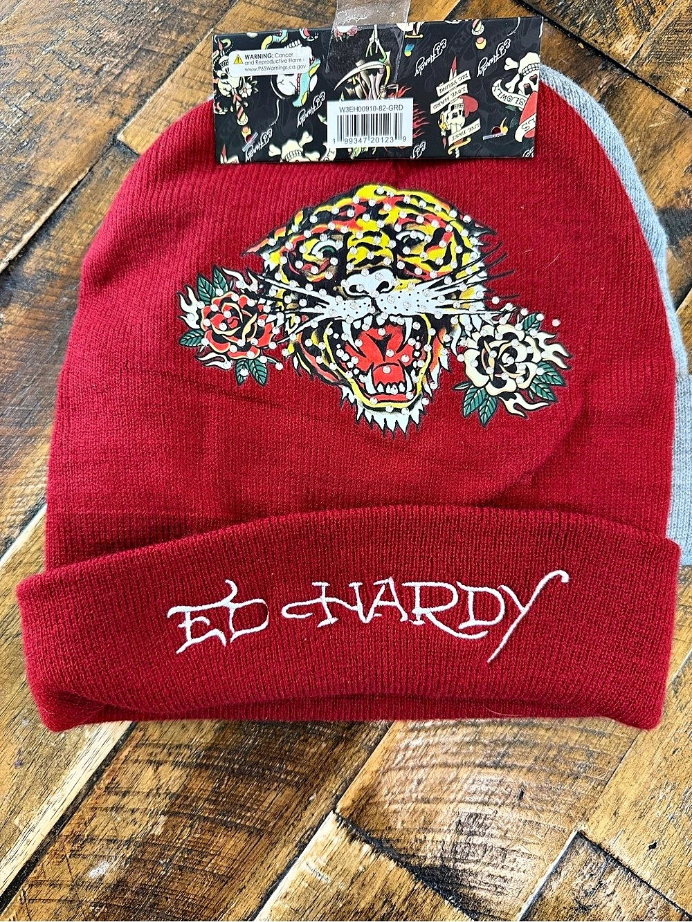 NWT Bundle Ed Hardy 2-Pack Rhinestone Knit Beanie Hats Tiger Roses Tattoo Winter
